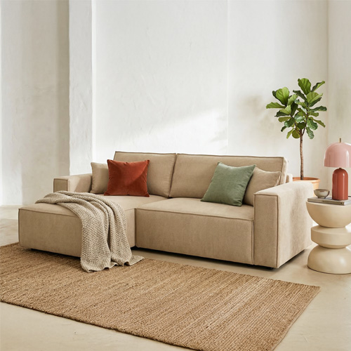 Canapé d'angle convertible réversible 4 places avec coffre de rangement en tissu chenille moka - Livia