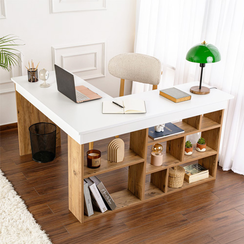 Bureau d'angle blanc, piètement et rangements effet bois 120x130 cm - Elyra