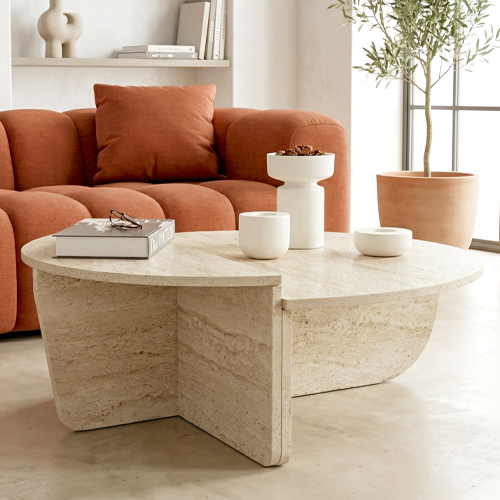 Table basse modulable ronde effet travertin Ø90 cm - Selma