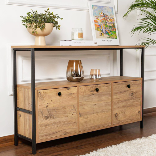 Buffet 3 portes effet bois avec piètement noir 120 cm - Mareva