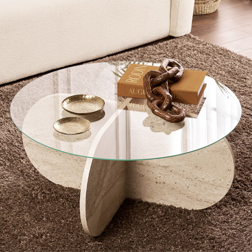 Table basse ronde en verre et effet travertin Ø75 cm - Eolia