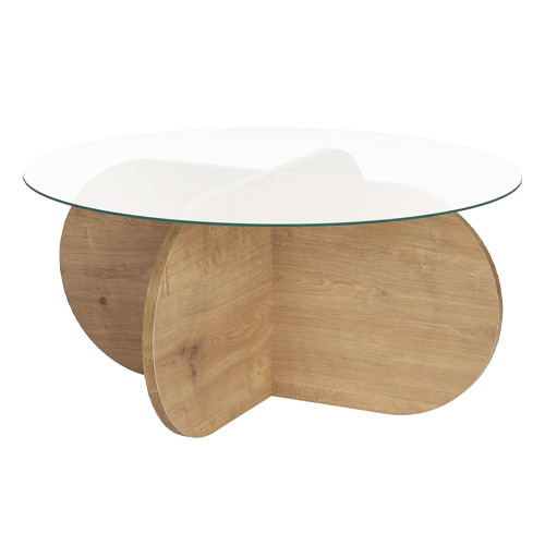 Table basse ronde effet Chêne et verre Ø75 cm - Eolia