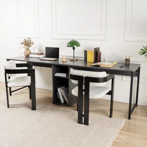 Bureau double avec rangement central gris anthracite, piètement noir 240 cm - Orsa