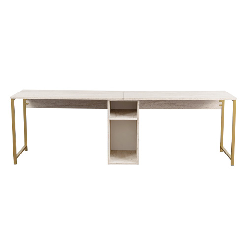Bureau double avec rangement central effet travertin, piètement doré 240 cm - Orsa