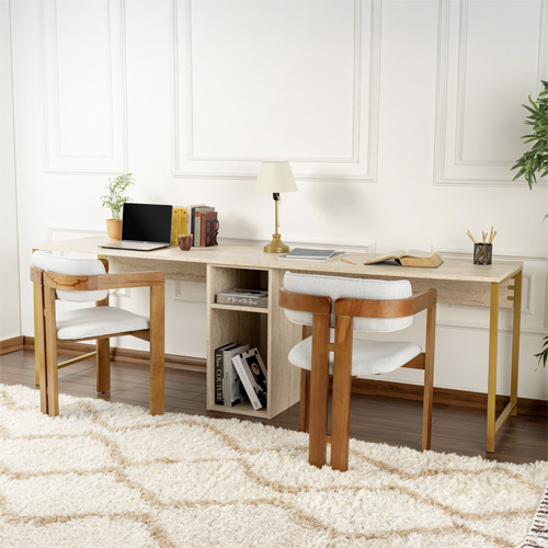 Bureau double avec rangement central effet travertin, piètement doré 240 cm - Orsa
