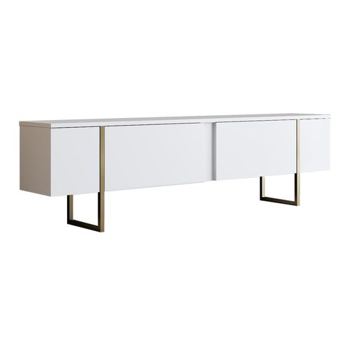Meuble TV 2 portes blanc, piètement doré 180 cm - Celia