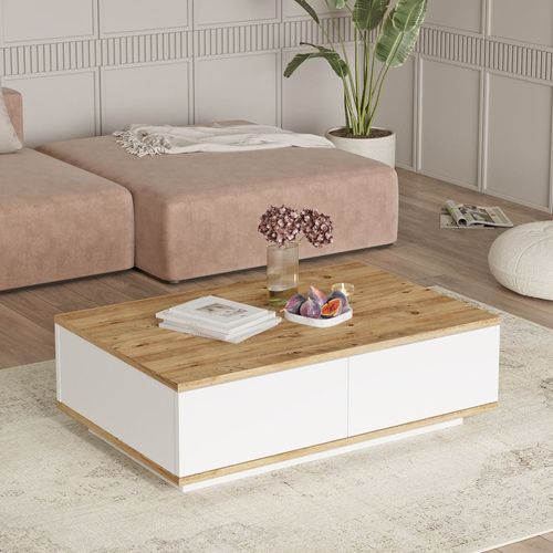 Table basse rectangulaire 4 portes blanc & effet bois 90 cm - Ravia