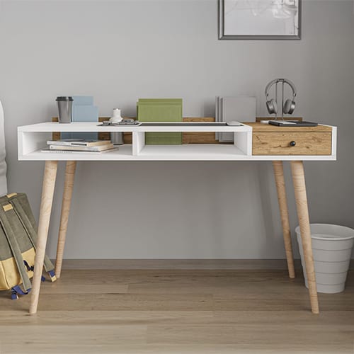 Bureau 1 tiroir 3 niches blanc & effet Chêne 120 cm - Braga