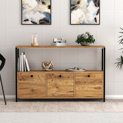 Buffet 3 portes effet bois avec piètement noir 120 cm - Mareva