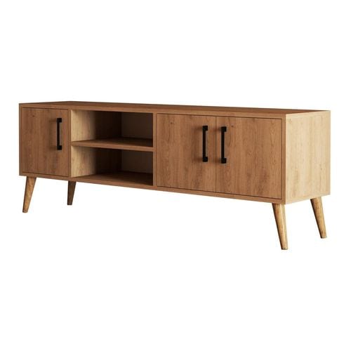 Meuble TV 3 portes 2 niches effet chêne 150 cm - Porto