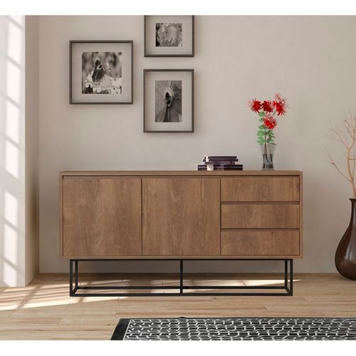 Buffet 2 portes 3 tiroirs effet Noyer 140 cm - Nerio