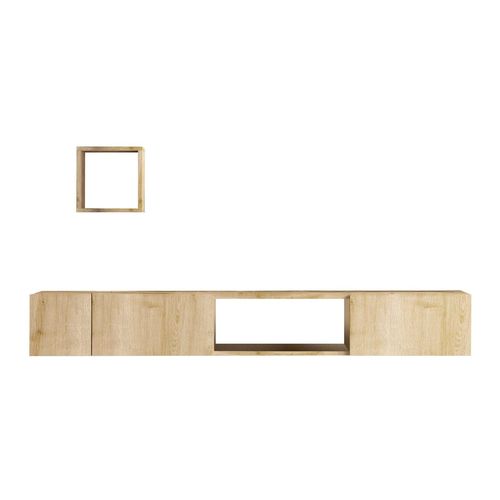 Meuble TV suspendu 3 portes 3 niches effet Chêne 180 cm + étagère murale cublique 25 cm - Cleo