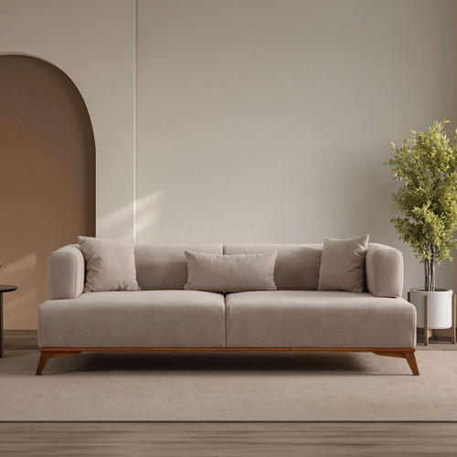 Canapé droit 3 places en tissu taupe, piètement noir - Tano