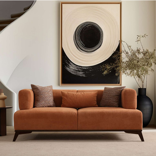 Canapé droit 2 places en tissu rouille, piètement noir - Tano