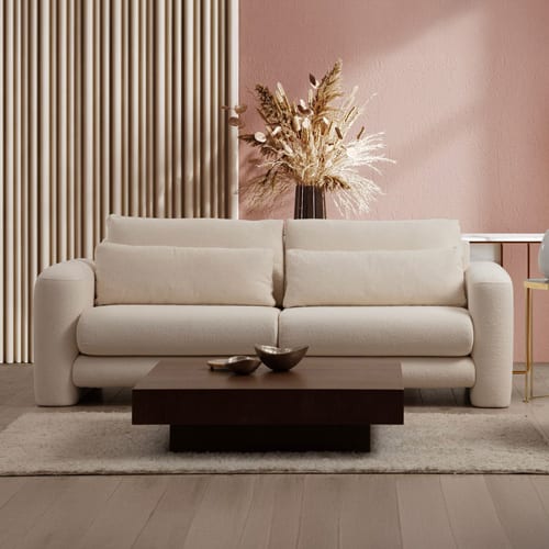 Canapé droit 2 places en tissu teddy beige - Amaya