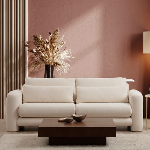 Canapé droit 3 places en tissu teddy beige - Amaya