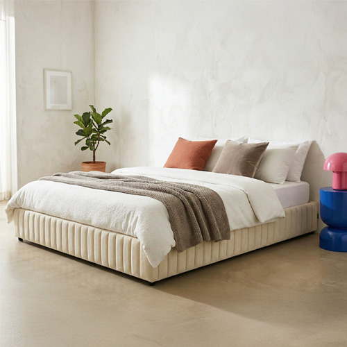 Lit coffre adulte 180x200 cm en tissu chenille beige - Balto