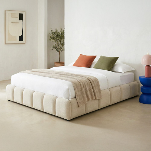 Lit coffre adulte 160x200 cm en tissu chenille beige - Nils