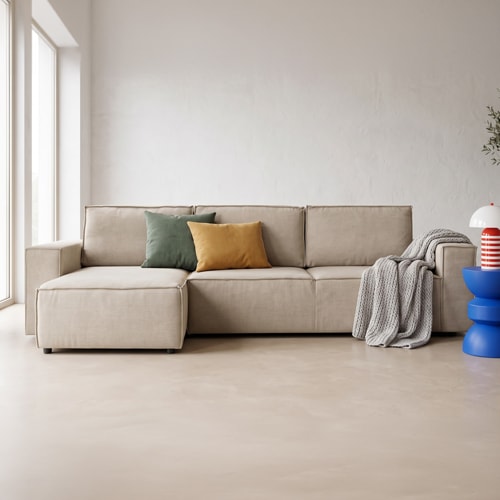 Canapé d'angle convertible réversible 5 places avec coffre de rangement en tissu chenille beige foncé - Harper