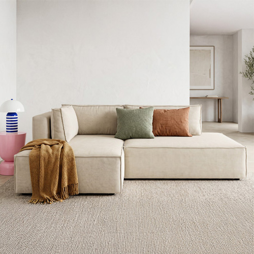 Canapé d'angle à gauche convertible 3 places avec coffre en tissu chenille beige foncé - Barani