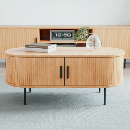 Table basse ovale 2 portes effet Chêne 90 cm - Sora