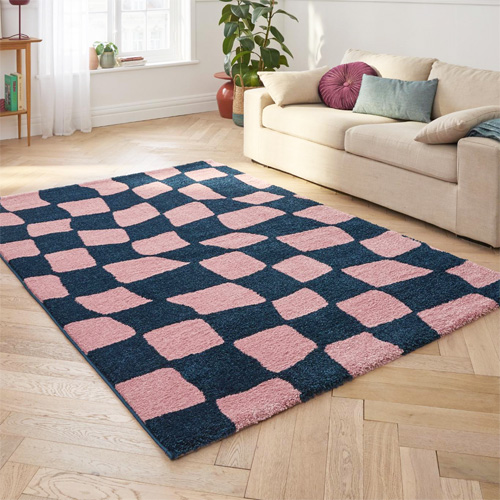 Tapis damier psychédélique bleu 80x140 cm - Puzzle Wave