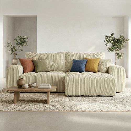 Canapé d'angle réversible convertible 4 places en velours côtelé beige - Alba