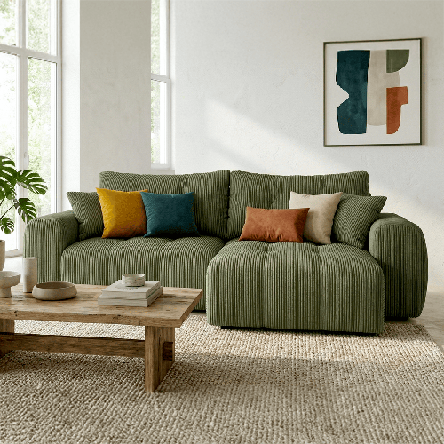 Canapé d'angle réversible convertible 4 places en velours côtelé vert kaki - Alba