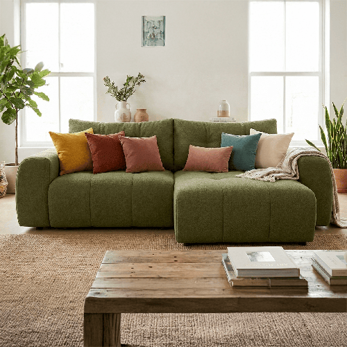 Canapé d'angle réversible convertible 4 places en tissu chenille vert olive - Alba