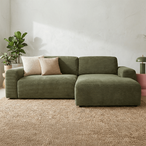 Canapé d'angle réversible convertible 5 places en velours côtelé vert kaki - Luno