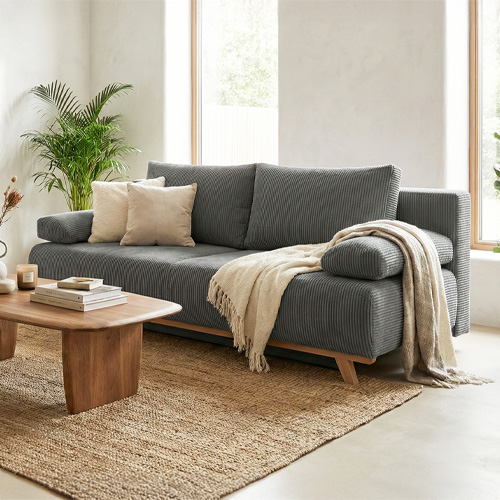 Canapé convertible 3 places avec coffre de rangement en velours côtelé gris anthracite - Laria
