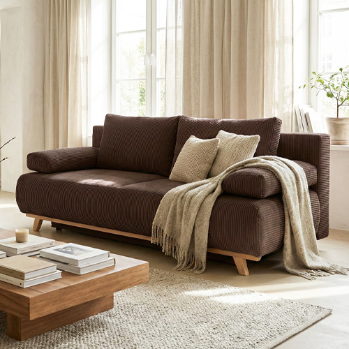 Canapé convertible 3 places avec coffre de rangement en velours côtelé moka - Laria