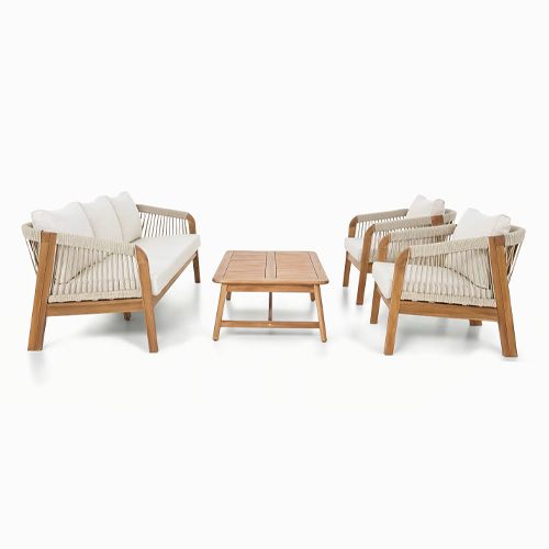 Salon de jardin 5 places en bois FSC - Canapé 3 pl. , 2 fauteuils et table basse - beige - Symi