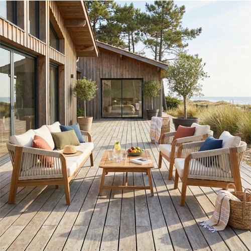 Salon de jardin 5 places en bois FSC - Canapé 3 pl. , 2 fauteuils et table basse - beige - Symi