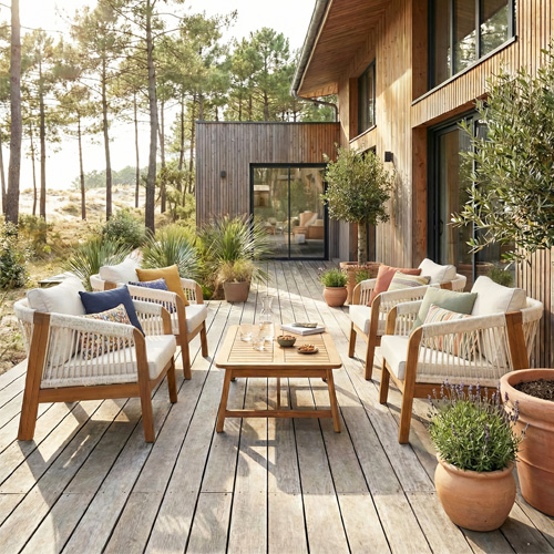 Salon de jardin 4 places en bois FSC - 4 fauteuils et table basse - beige - Symi