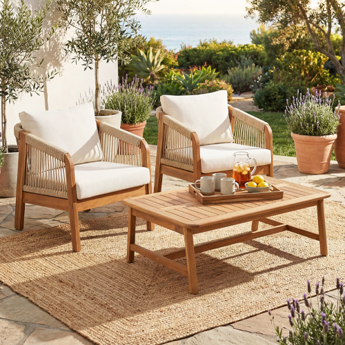 Salon de jardin 2 places en bois FSC - 2 fauteuils et table basse - beige - Symi