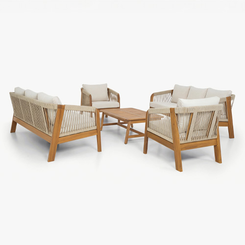 Salon de jardin 8 places en bois FSC - 2 Canapés 3 pl. , 2 fauteuils et table basse - beige - Symi