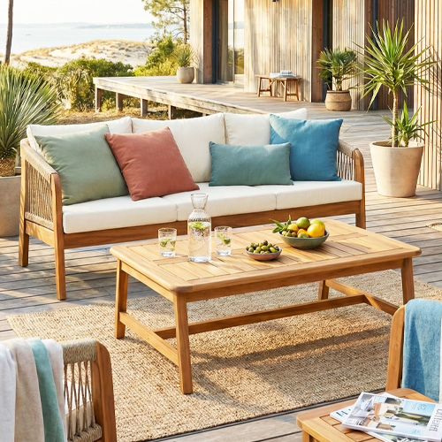 Salon de jardin 3 places en bois FSC - Canapé 3 places et table basse - beige - Symi