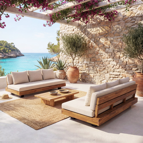 Salon de jardin 6 places en bois FSC - 2 Canapés 3 pl. - beige - Capri