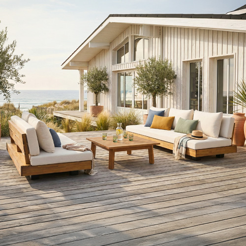 Salon de jardin 5 places en bois FSC - Canapé 2 pl., Canapé 3 pl. et table basse - beige - Capri