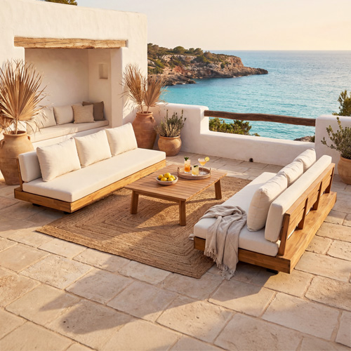 Salon de jardin 6 places en bois FSC - 2 Canapés 3 pl. et table basse - beige - Capri