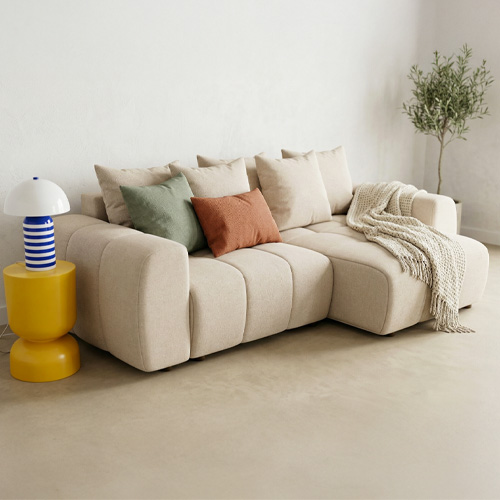 Canapé d'angle convertible réversible 4 places avec coffre de rangement en tissu chenille beige - Rivoli