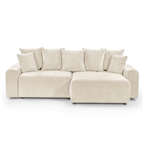 Canapé d'angle convertible réversible 4 places avec coffre de rangement en tissu chenille beige - Monceau