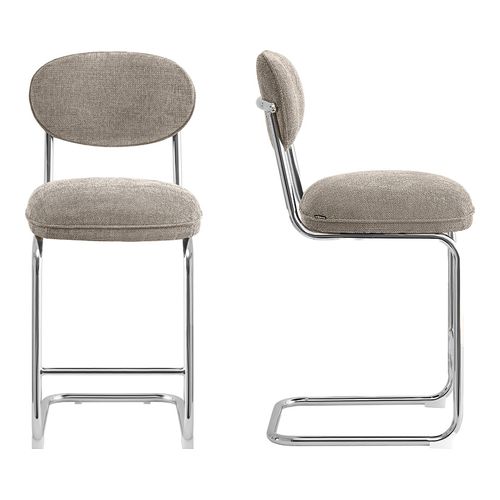 Lot de 2 tabourets de bar en tissu chenille taupe, piètement chromé - Lou