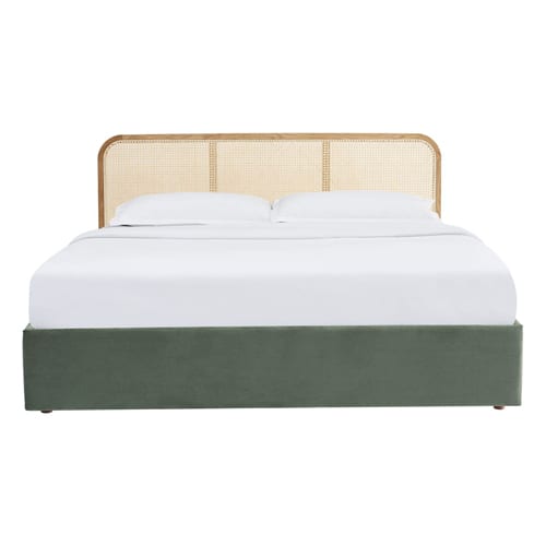 Lit coffre adulte 180x200 cm en velours côtelé vert avec tête de lit en bois et cannage - Elsa