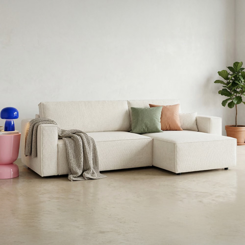 Canapé d'angle convertible réversible 4 places avec coffre de rangement en tissu chenille beige - Livia