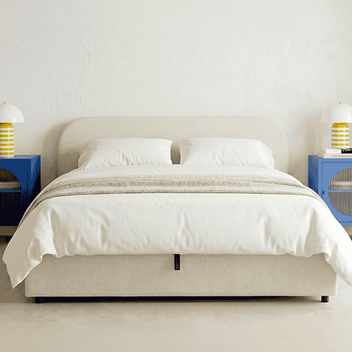 Lit coffre adulte 160x200 cm avec tête de lit en tissu chenille beige - Cassis