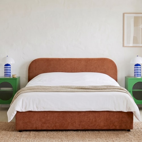Lit coffre adulte 160x200 cm avec tête de lit en tissu chenille terracotta - Cassis