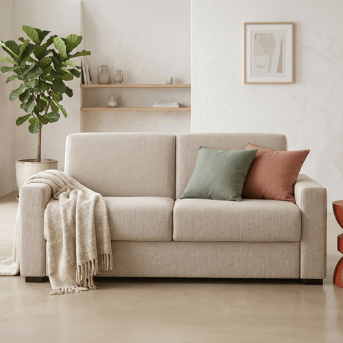 Canapé droit convertible 3 places en tissu chenille beige - ouverture express - Anzio
