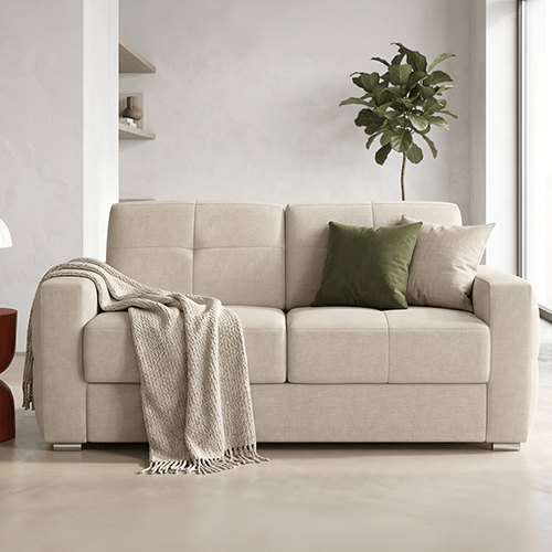 Canapé capitonné convertible 3 places en tissu chenille beige - ouverture express - Cassian